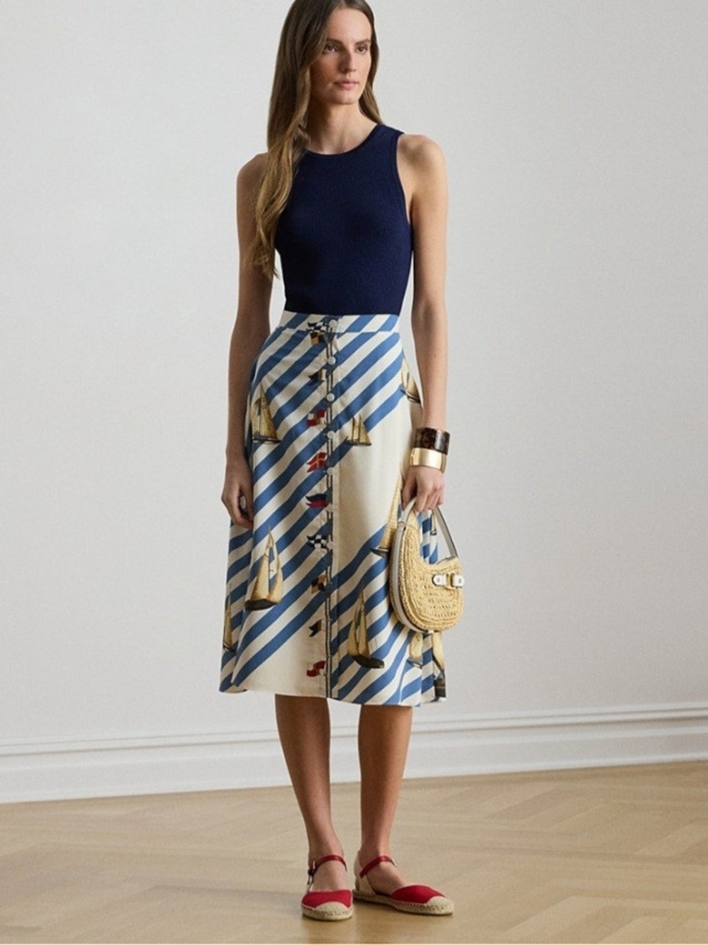 Lauren Ralph Lauren Navy & Cream Striped Sailboat Midi Skirt